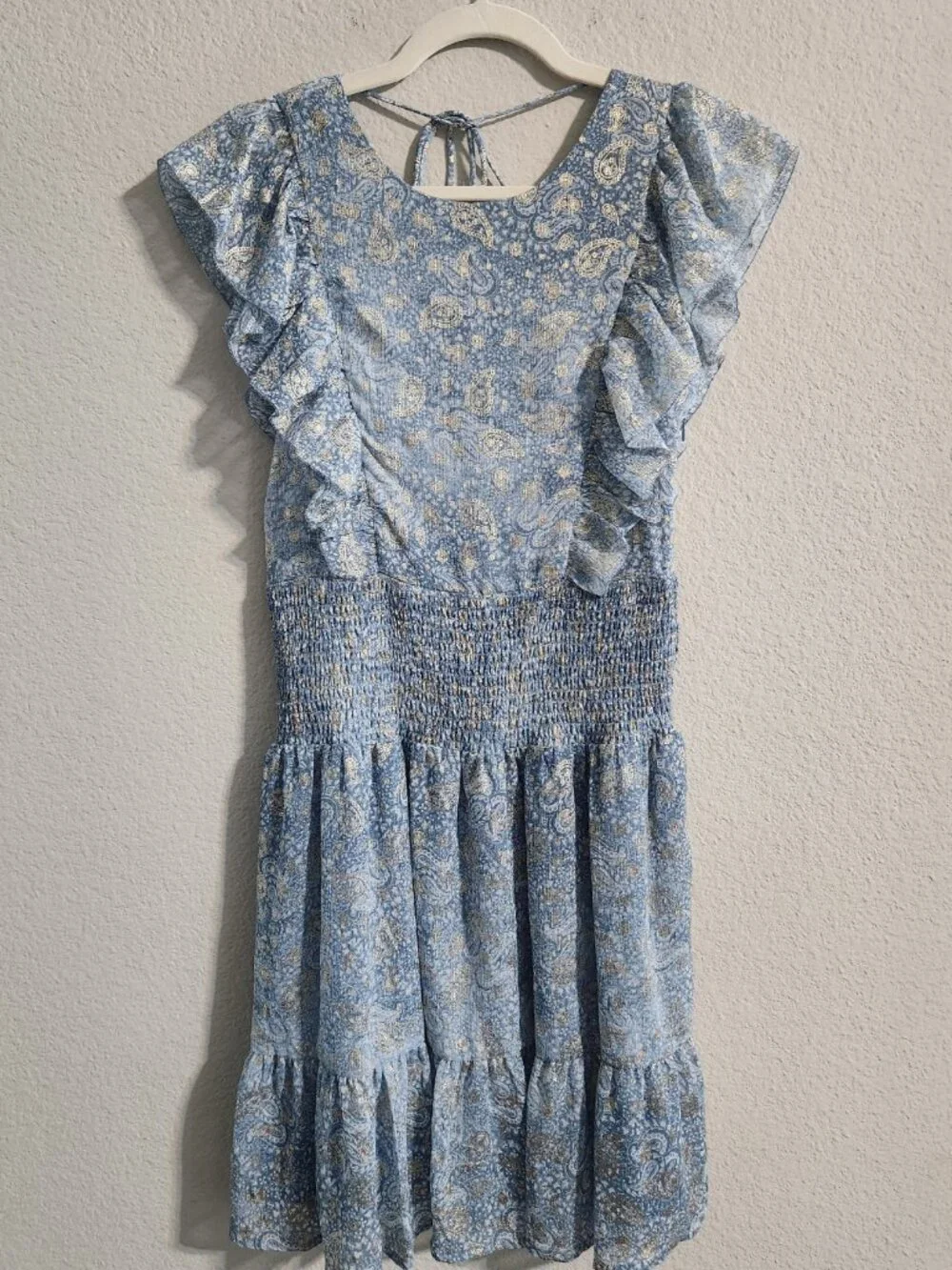 Michael Kors Blue & Gold Paisley-Print Smocked Mini dress Flutter Sleeves small